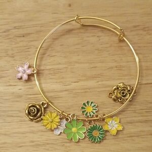 Hand Crafted Gold Floral Charm Bangle Bracelet - Yellow, Green & Pink